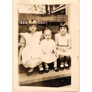 Vintage 1930s Photo of Three‎ Children Sitting on Wooden Porch Bench